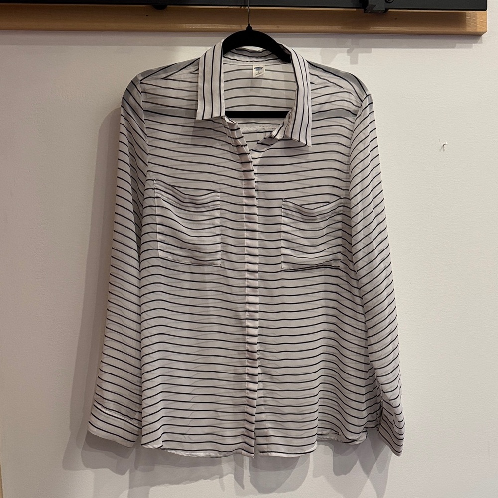 Old Navy Black and White Striped Sheer Button Down Shirt